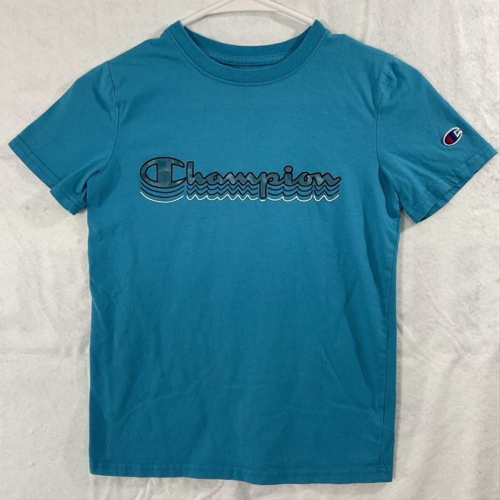 Champion Shirt Unisex Kids Medium Blue Logo Short Sleeve Crewneck‎ Graphic Tee